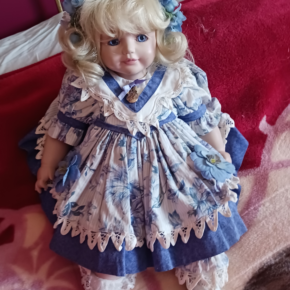 Vintage Marie Osmond "Baby Alexis" Blue Floral Porcelain Doll with Lace Dress